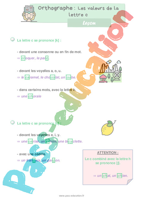 Leçon, exercice et évaluation :<br/> Lettre c : CE1