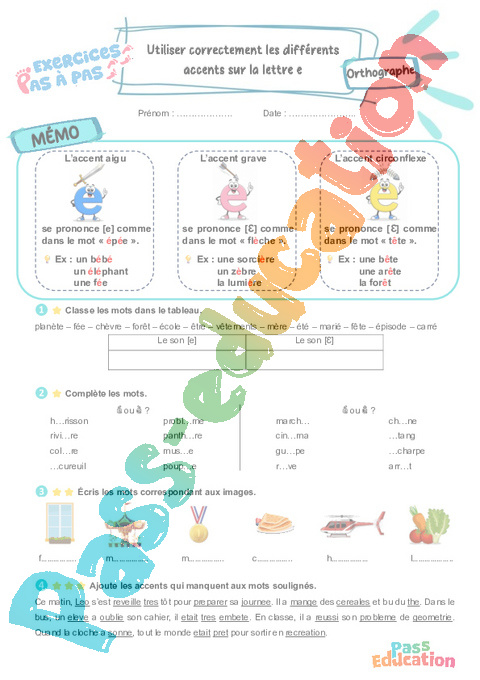 Leçon, exercice et évaluation :<br/> Lettre E : utiliser correctement les différents accents : CE2