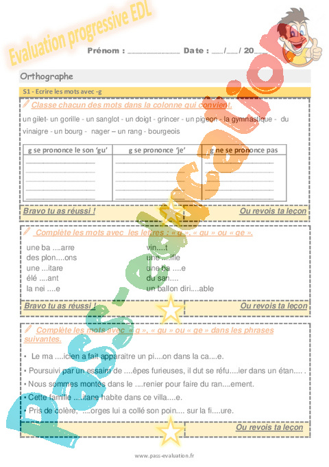 Leçon, exercice et évaluation :<br/> Lettre g : CM2