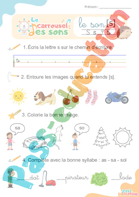 Leçon, exercice et évaluation :<br/> Lettre s : CP