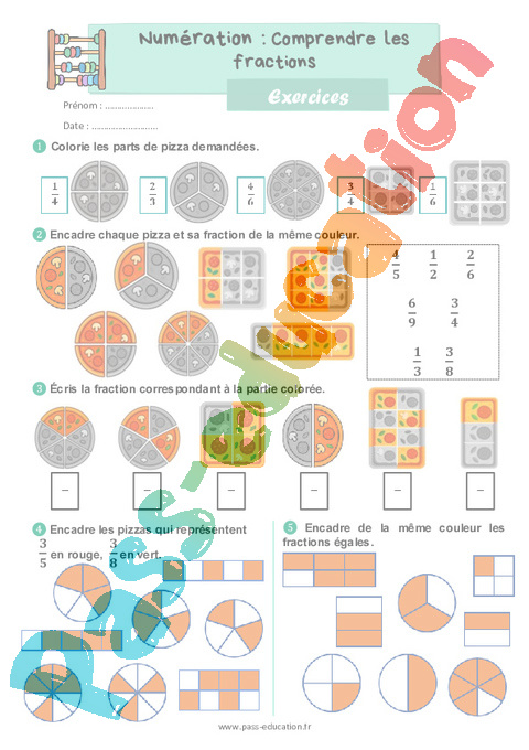 Leçon, exercice et évaluation :<br/> Lire / écrire / représenter des fractions simples : CE1