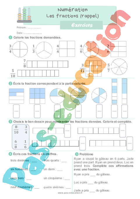 Leçon, exercice et évaluation :<br/> Lire / écrire / représenter des fractions simples : CE2