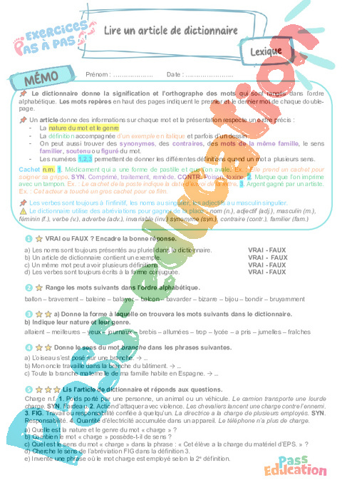 Cours et exercice : Lire un article du dictionnaire : 6ème