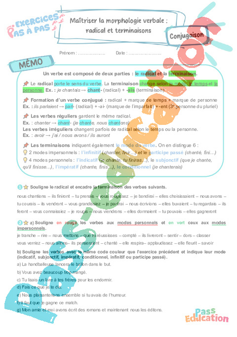 Cours et exercice : Maîtriser la morphologie verbale radical et terminaisons : 5ème