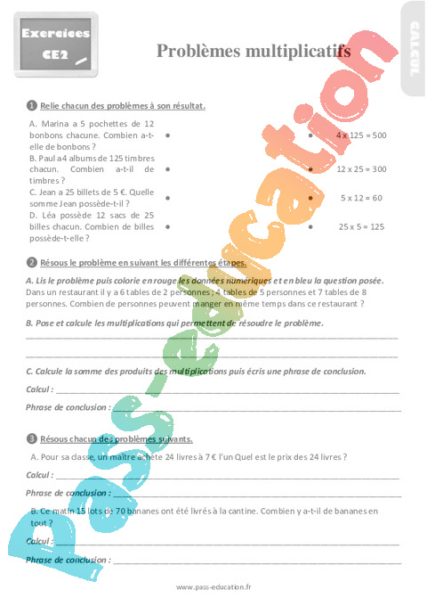 Leçon, exercice et évaluation :<br/> Multiplicatifs : CE2