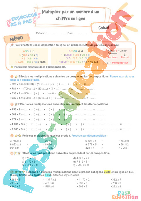Leçon, exercice et évaluation :<br/> Multiplier par un nombre à un chiffre en ligne : CM2