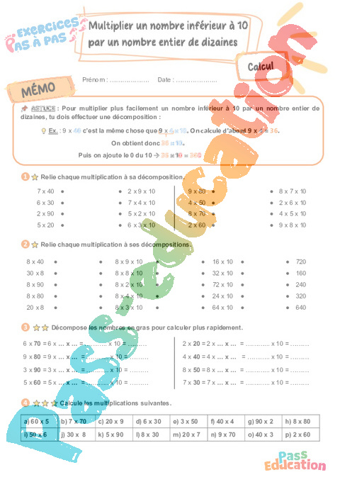 Leçon, exercice et évaluation :<br/> Multiplier un nombre inférieur à 10 par un nombre entier de dizaines : CE2