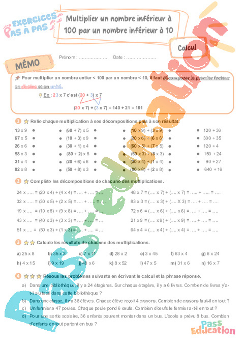 Leçon, exercice et évaluation :<br/> Multiplier un nombre inférieur à 100 par un nombre inférieur à 10 : CE2