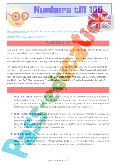 Leçon, exercice et évaluation :<br/> Numbers - Anglais : CM2