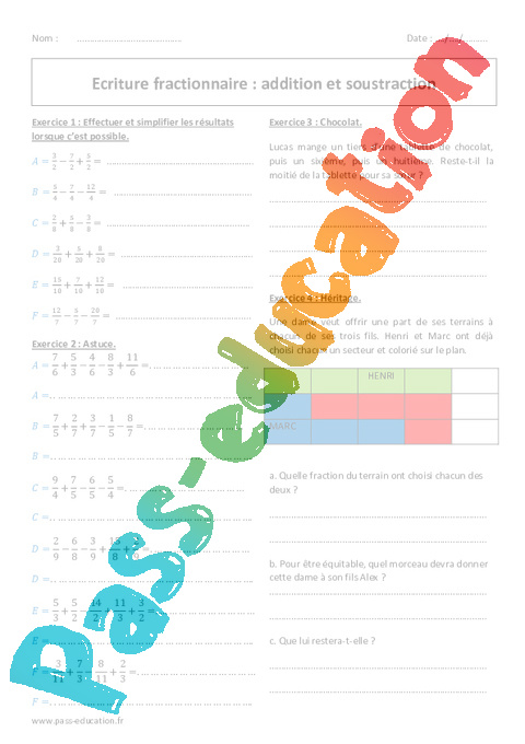 Cours et exercice : Opérations fractions : 5ème