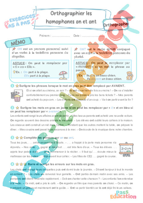 Leçon, exercice et évaluation :<br/> Orthographier les homophones on et ont : CE2