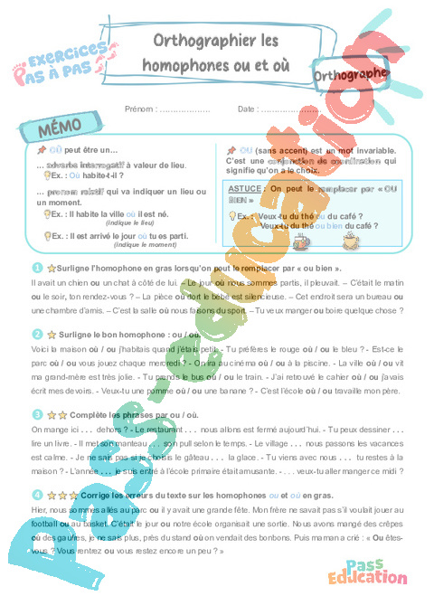 Leçon, exercice et évaluation :<br/> Orthographier les homophones ou et où : CE2