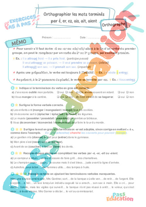 Leçon, exercice et évaluation :<br/> Orthographier les mots terminés par é, er, ez, ais, ait, aient : CM2