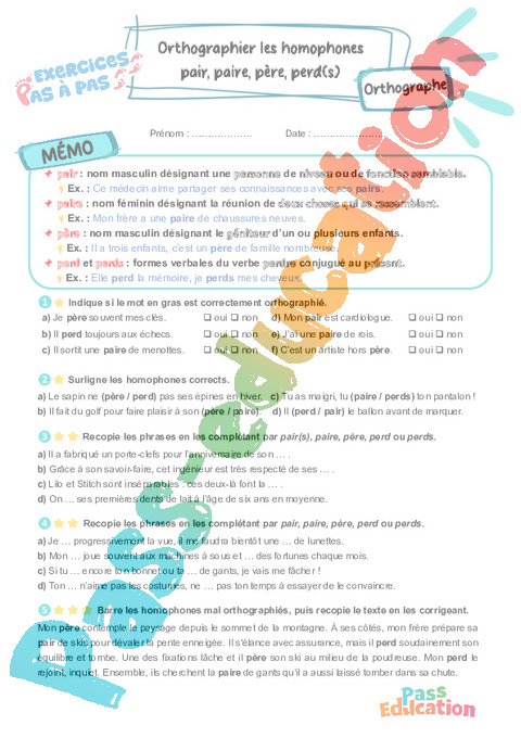 Leçon, exercice et évaluation :<br/> Pair, paire, père, perd(s) : orthographier : CM2