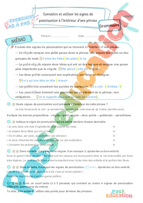 Leçon, exercice et évaluation :<br/> Ponctuation milieu de phrases : CM2
