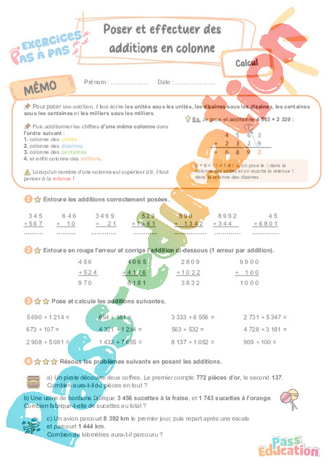 Leçon, exercice et évaluation :<br/> Poser et effectuer des additions en colonne : CE2
