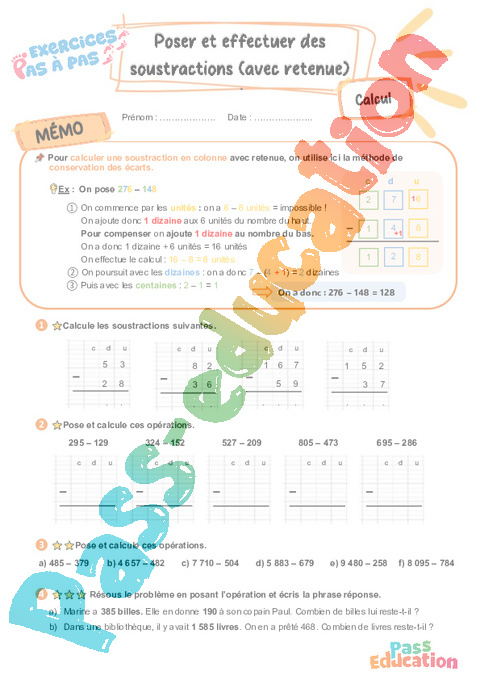 Leçon, exercice et évaluation :<br/> Poser et effectuer des soustractions avec retenue en colonne : CE2