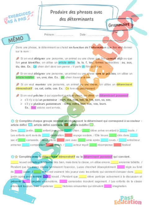 Cours et exercice : Produire des phrases avec des déterminants : 5ème