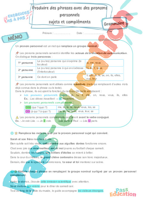 Cours et exercice : Produire des phrases avec des pronoms personnels sujets et compléments : 5ème