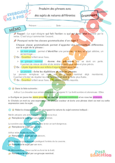 Cours et exercice : Produire des phrases avec différents sujets : 5ème