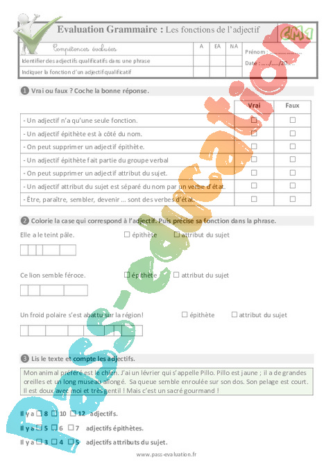 Evaluation Quiz / Qcm : Adjectif Qualificatif : CM1