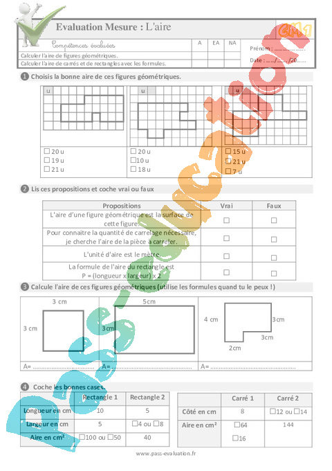 Evaluation Quiz / Qcm : Aires : CM1