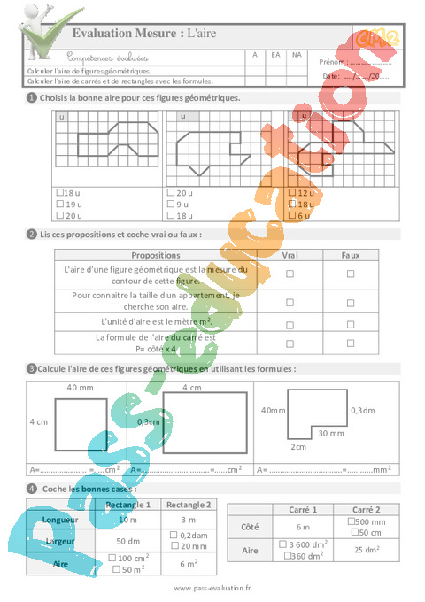 Evaluation Quiz / Qcm : Aires : CM2
