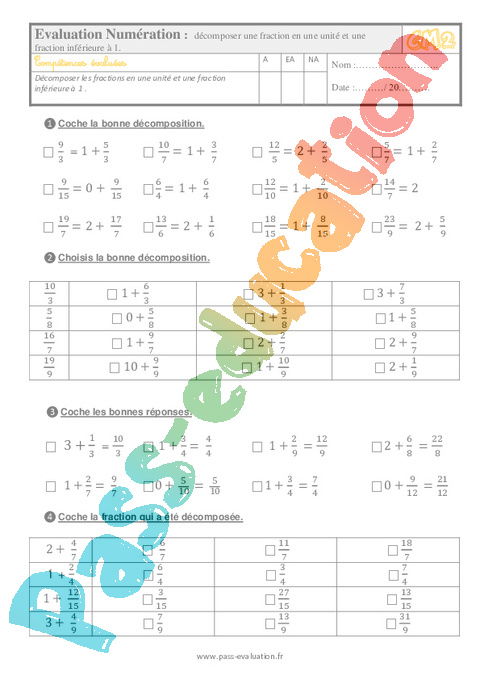 Evaluation Quiz / Qcm : Décomposer une fraction : CM2