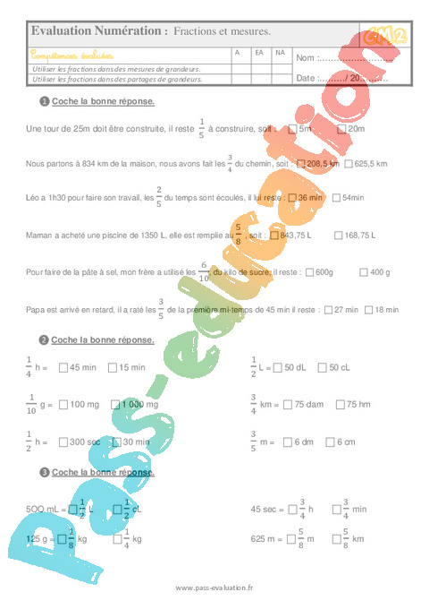 Evaluation Quiz / Qcm : Fractions et mesures : CM2
