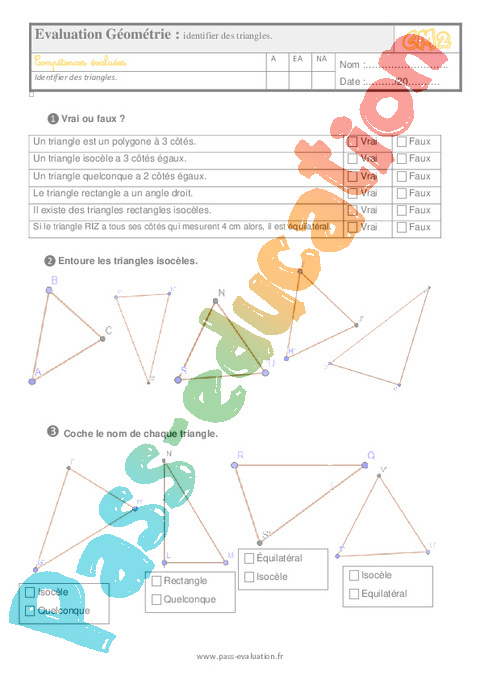 Evaluation Quiz / Qcm : Les triangles : CM2