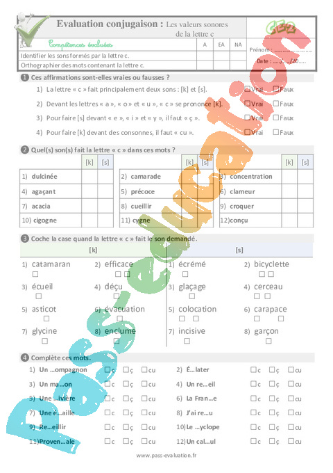 Evaluation Quiz / Qcm : Lettre c : CE2