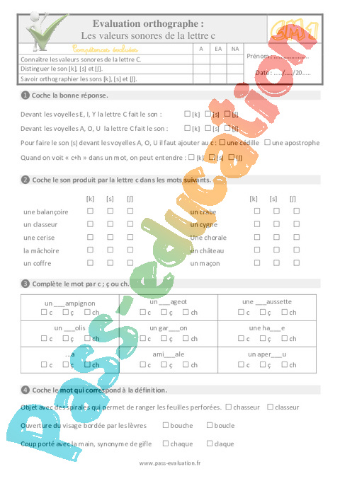 Evaluation Quiz / Qcm : Lettre c : CM1