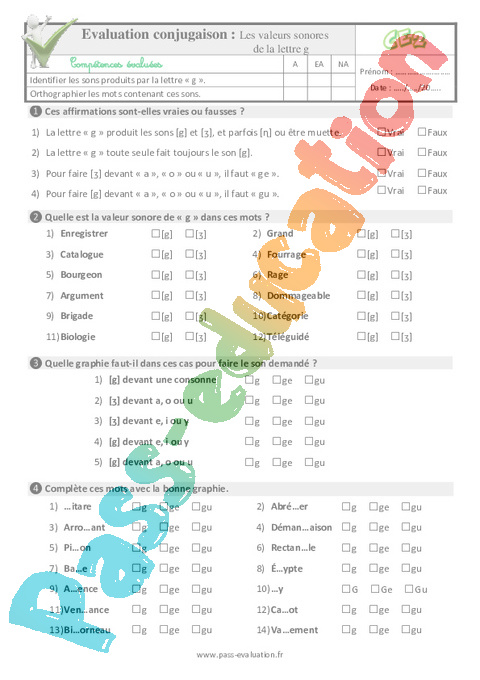 Evaluation Quiz / Qcm : Lettre g : CE2