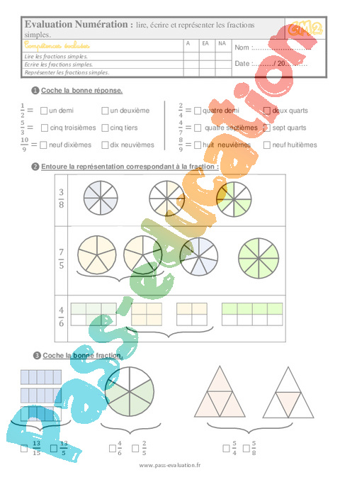 Evaluation Quiz / Qcm : Lire / écrire les fractions simples : CM2