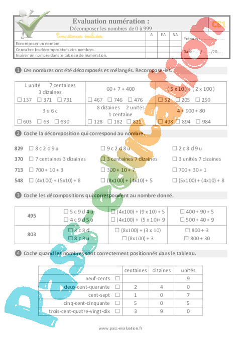 Evaluation Quiz / Qcm : Nombres entiers < 1000 : CE1
