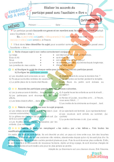Cours et exercice : Réaliser les accords du participe passé avec l'auxiliaire être : 6ème