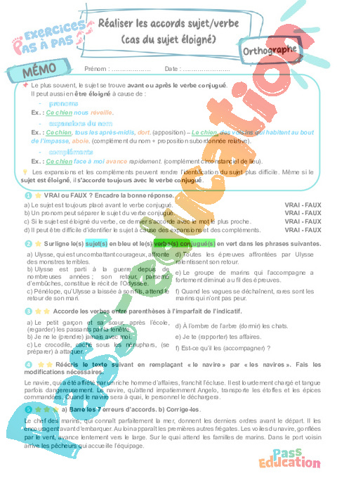 Cours et exercice : Réaliser les accords sujet verbe (cas du sujet éloigné) : 6ème