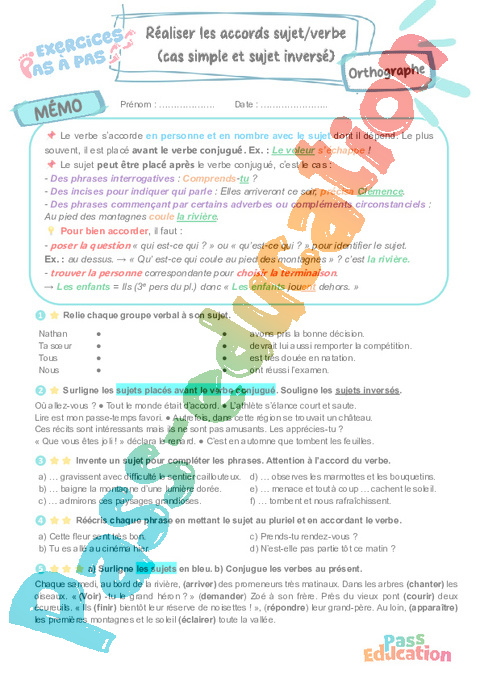 Cours et exercice : Réaliser les accords sujet verbe (cas simple et sujet inversé) : 6ème