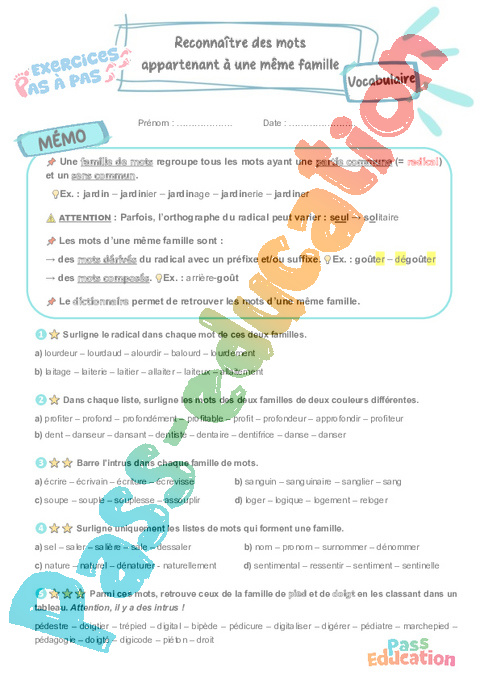 Leçon, exercice et évaluation :<br/> Reconnaître des mots d'une même famille : CM2
