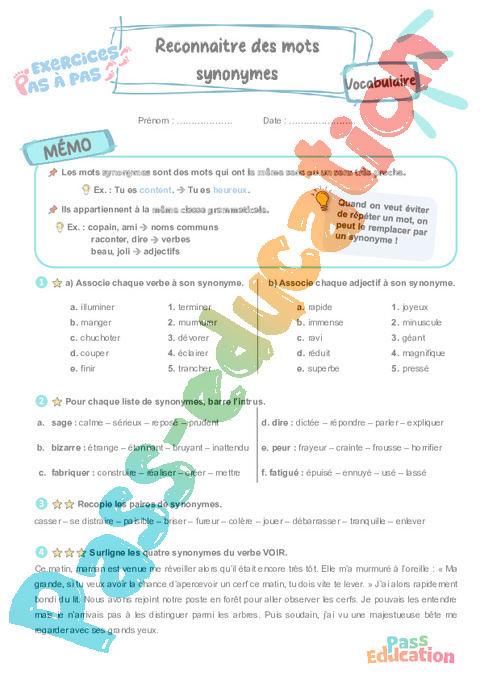 Leçon, exercice et évaluation :<br/> Reconnaître des mots synonymes : CE2