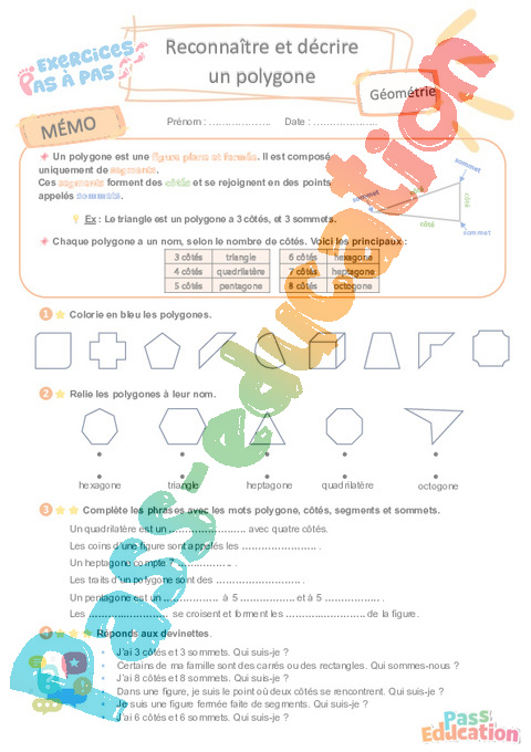 Leçon, exercice et évaluation :<br/> Reconnaître et décrire un polygone : CE2