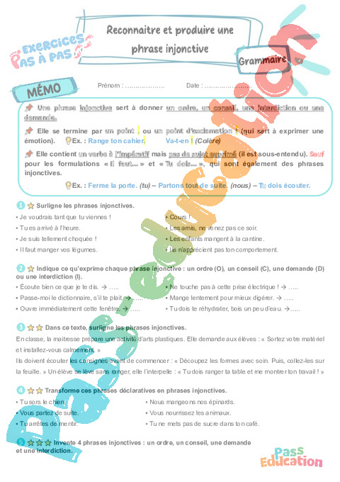 Leçon, exercice et évaluation :<br/> Reconnaître et produire une phrase injonctive : CM2