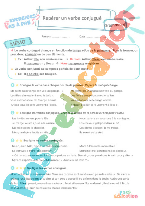 Leçon, exercice et évaluation :<br/> Repérer un verbe conjugué : CE2