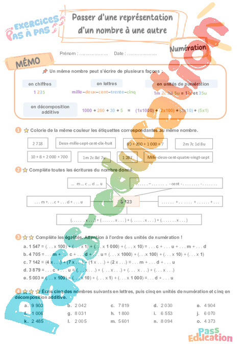 Leçon, exercice et évaluation :<br/> Représentation des nombres : CE2