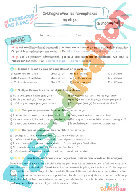 Leçon, exercice et évaluation :<br/> sa et ça : Orthographier les homophones : CM2