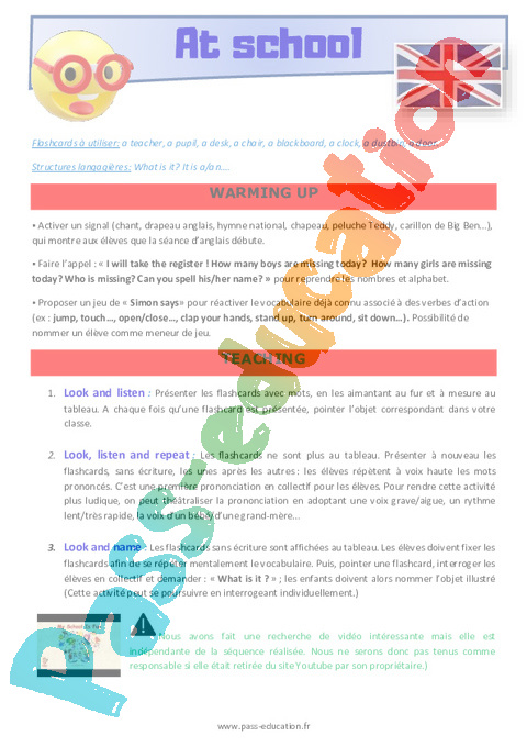 Leçon, exercice et évaluation :<br/> School - Anglais : CE2