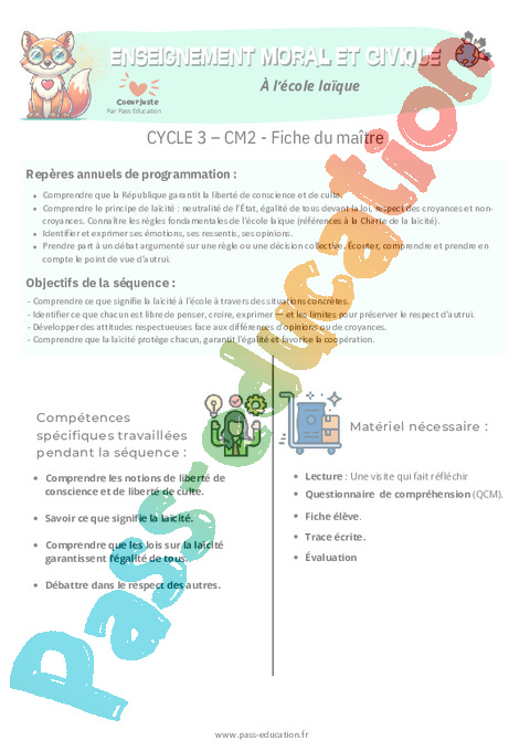 Séquence - Fiche de préparation A l'école laïque : CM2