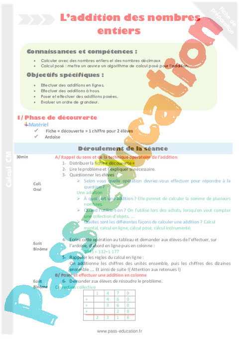 Séquence - Fiche de préparation Addition / Dénombrement : CM1