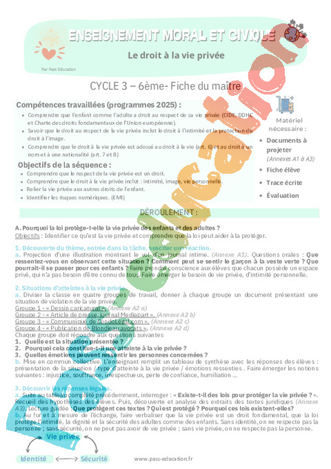 Séquence - Fiche de préparation Apprendre à vivre dans une société démocratique : 6ème