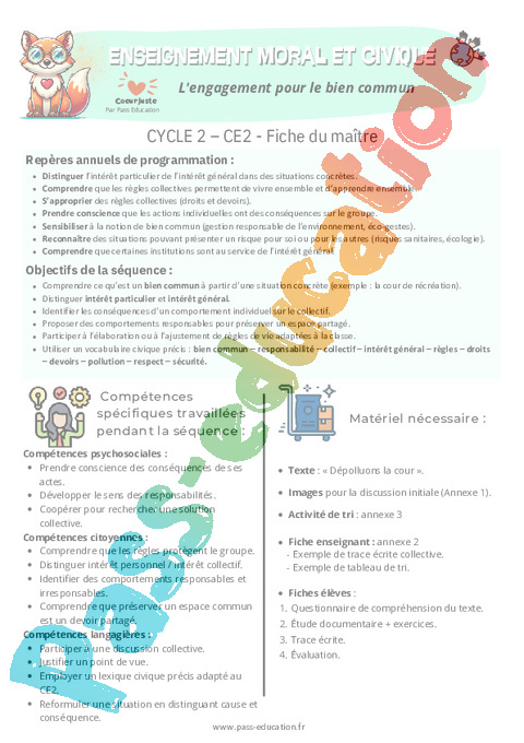 Séquence - Fiche de préparation Apprendre ensemble et vivre ensemble : CE2